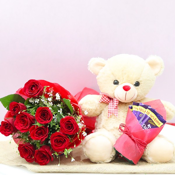 Red Roses + Teddy With Chocolate
